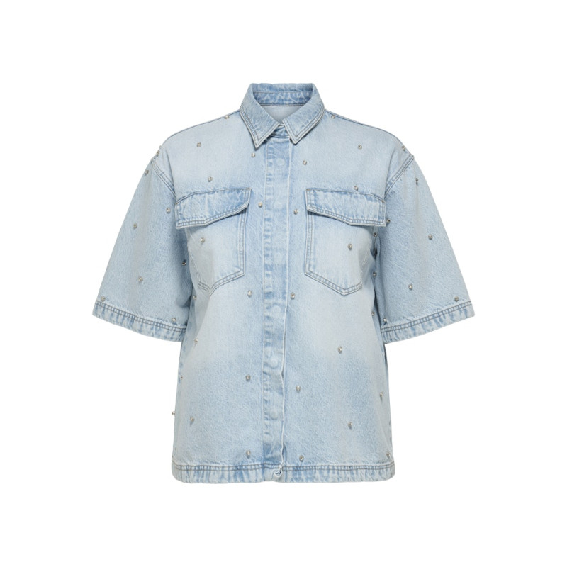 ONLY CARMAKOMA Sophie S/S Denim Skjorte Med Rhinsten - Light Blue Denim