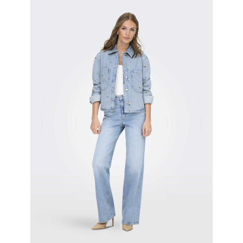 ONLY Cassie Broderet Denim Skjorte - Light Blue Denim