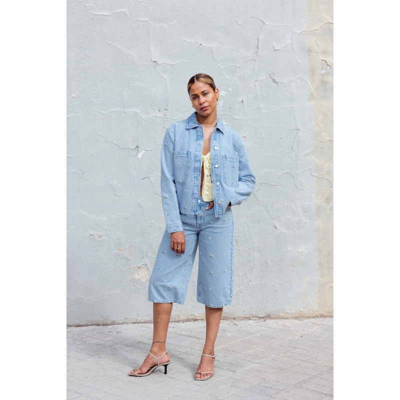 ONLY Cassie Broderet Denim Skjorte - Light Blue Denim