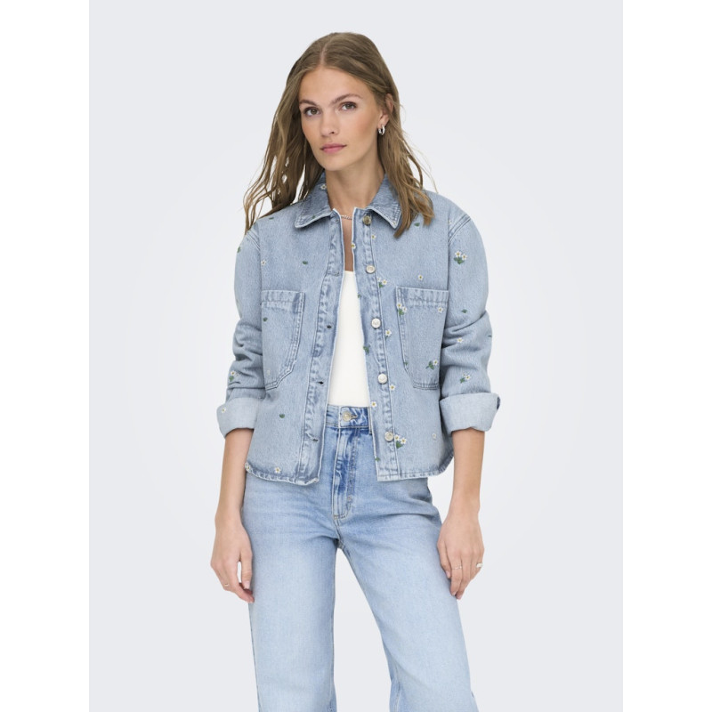 ONLY Cassie Broderet Denim Skjorte - Light Blue Denim
