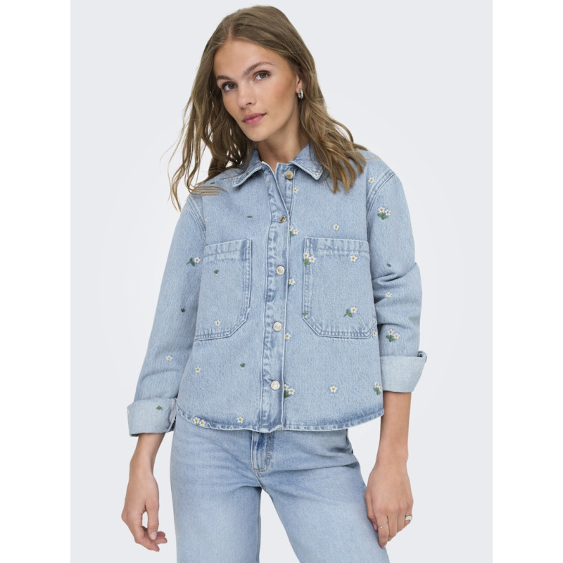 ONLY Cassie Broderet Denim Skjorte - Light Blue Denim